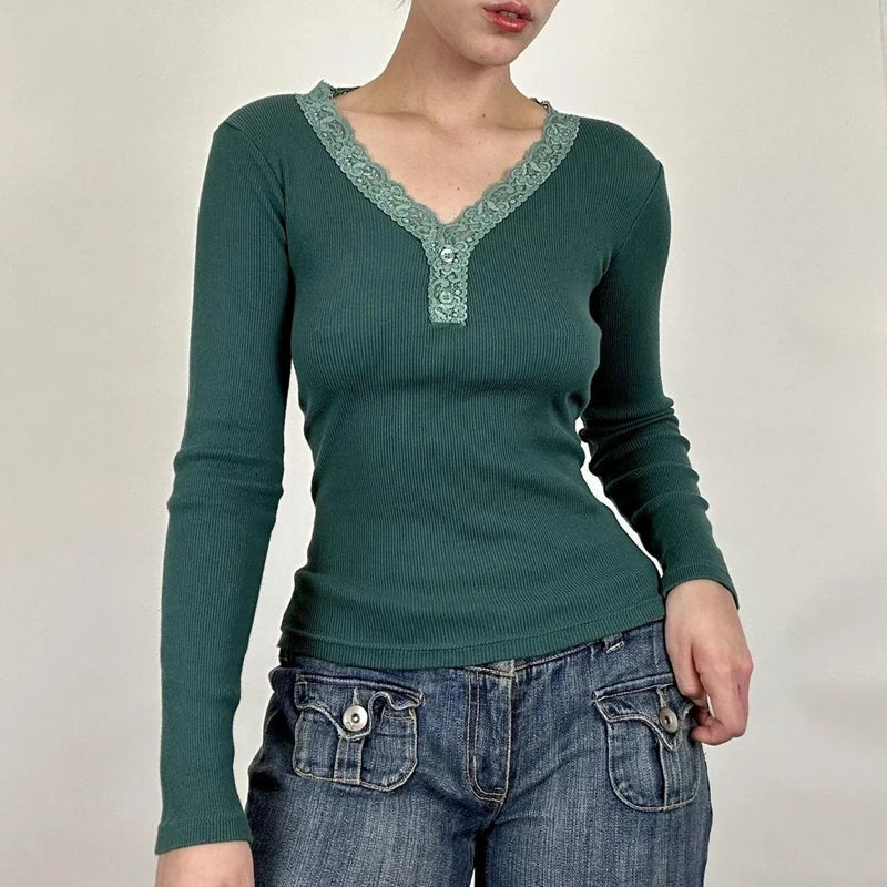 JazzHer Y2K Aesthetic Fairy 00s Retro Crop Tops Vintage Cottage Lace Trim V Neck T-shirt Autumn Spring Long Sleeve Slim Fit Tees Women