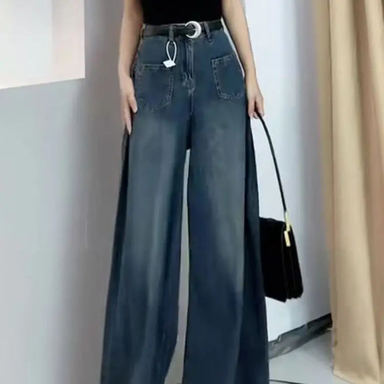 JazzHer Women Vintage Jeans Basics Wide Leg Pants High Waist Pockets Button Solid Colour Full Length Denims Casual Straight Trousers