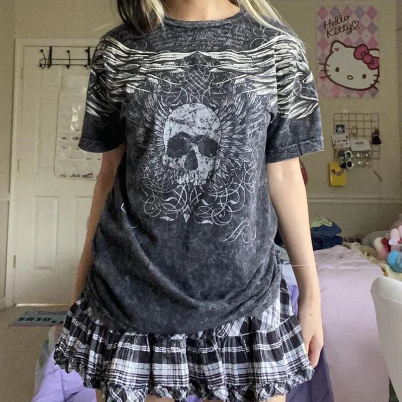 JazzHer 2000s Retro Dark Academia T Shirt Y2K Skulls Wings Graphic Print Tops Summer Short Sleeve Harajuku Tees Mall Goth Clothes