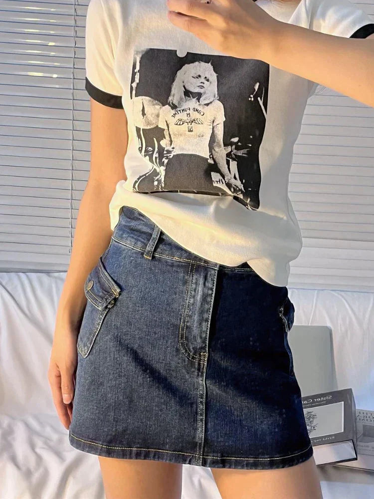 JazzHer-Vintage Denim Skirt Women Streetwear High Waist A-line Slim Pockets Patchwork Jean Mini Skirt Summer Y2k Korean Fashion