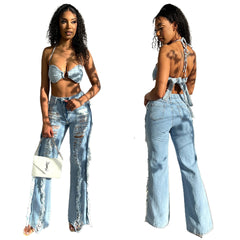 JazzHer Wide Leg Denim Hole Pants Women Jeans Distressed Ripped Full Length Jean Loose High Waist Washed Zipper Fly 2024 Streetwear