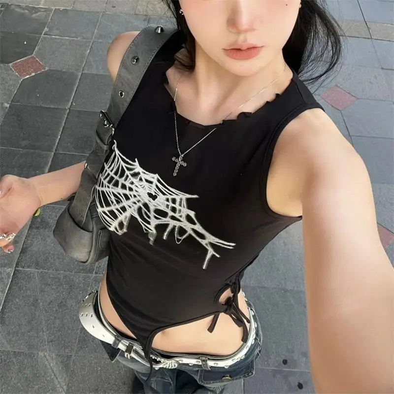 JazzHer-Summer Spider Web Print Tank Tops Aesthetic Hollow Out Bandage Punk Vest Irregular Women Causal Basic Y2k Streetwear Crop Top