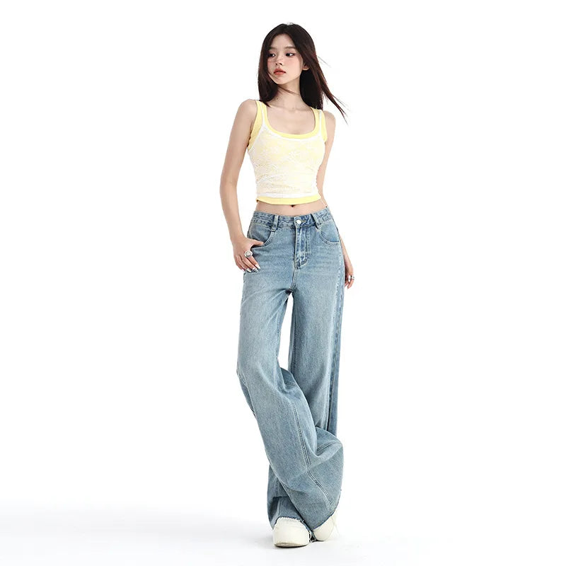 JazzHer Women Jeans Washed Vintage Straight Full Length Denim Pants Solid Pockets High Waist Washed Jean Spliced Basics Loose Fit