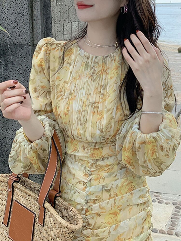 JazzHer Floral Dress for Women Long Sleeve French Style Fashion Dresses Vintage A Llne O Neck Midi 2023 New Spring Summer Dress