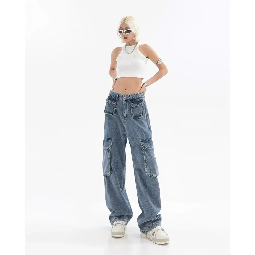 JazzHer Vintage Women Solid High Waist Wide Leg Pants Jeans Spliced Cargo Denim Washed Pants Ankle Length Jean Pockets Safari Style