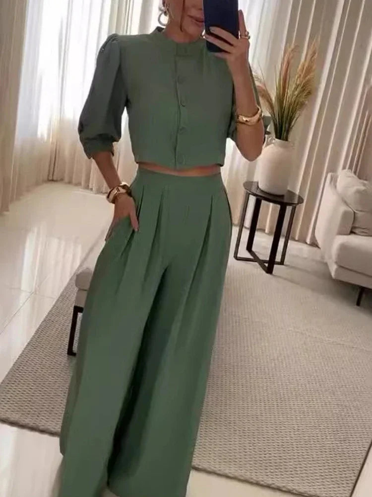 JazzHer Women Two Piece Pant Sets Solid Wide Leg Pants High Waist Half Sleeve Button Splice Tops Casual Loose Elegant Summer 2024