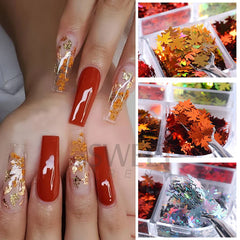 JazzHer 6 Grids 3D Maple Leaves Nail Art Sequin Holographic Gold Red Leaf Paillettes Part Flake Slice Fall Glitter Manicure Decoration