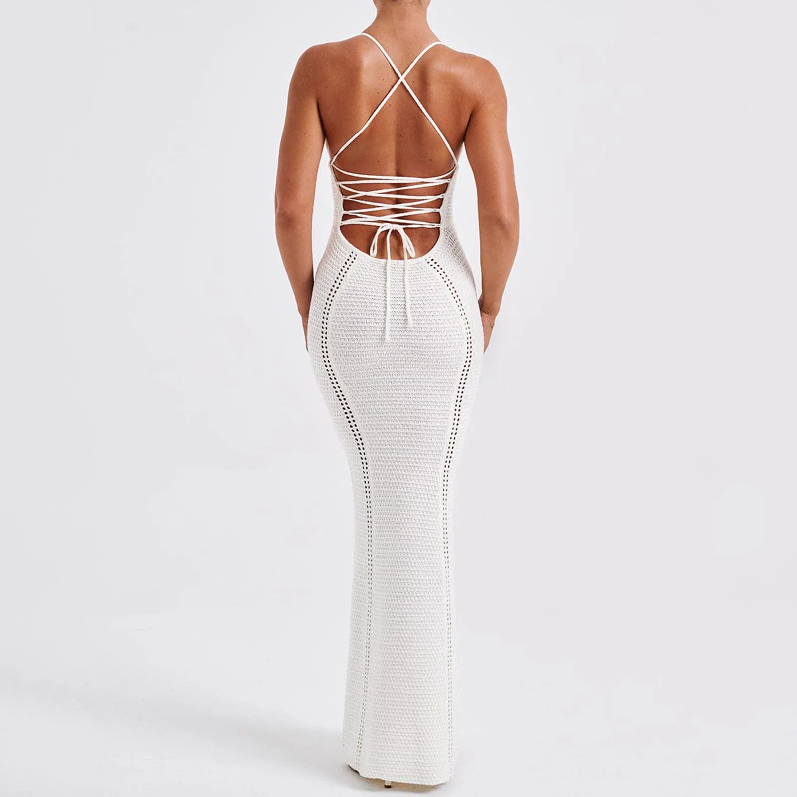 JazzHer Women Summer Spaghetti Strap Knitted Corset Dress Ribbed Hollow V-Neck Low Cut Backless Sleeveless Bodycon Dress 2024