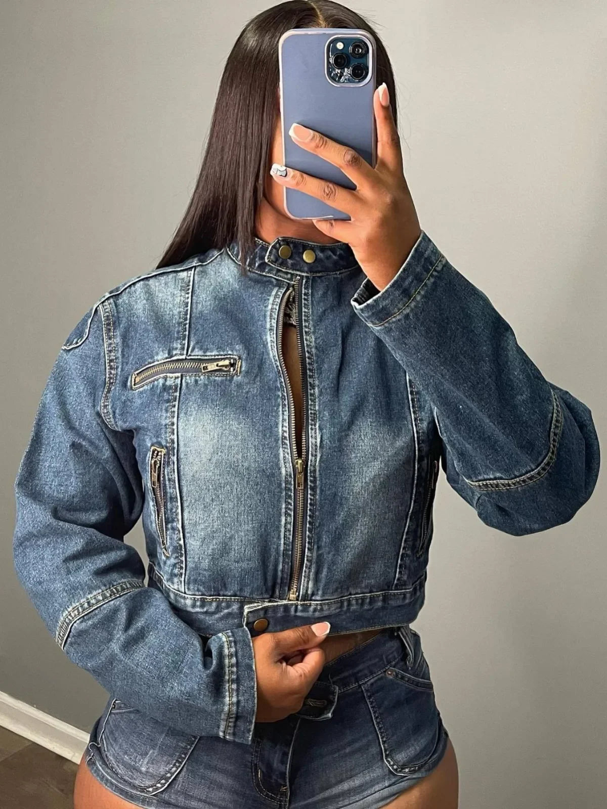 JazzHer Tracksuit Matching Sets Sexy Denim Spliced Shorts Long Sleeve Zipper Distressed Washed Jackets Short Sets Skinny Streetwear