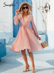 JazzHer Casual Pleated Deep V-Neck Summer Dress Women Beach Elegant Pink Puff Long Sleeve Spring Midi Dress Sexy Mujer Vestidos