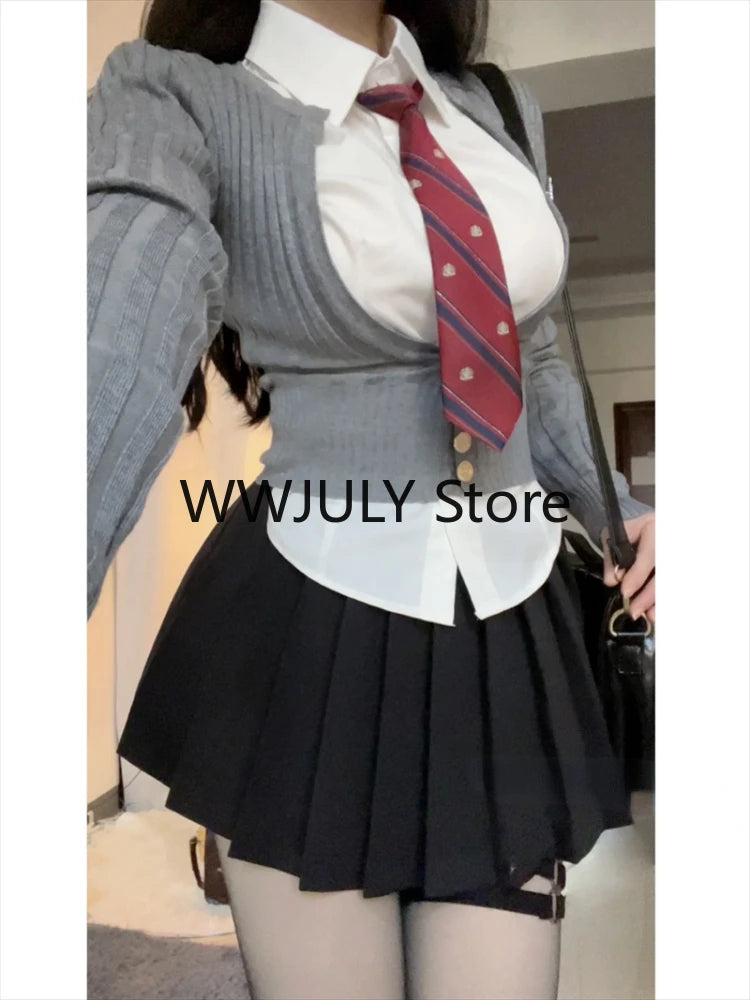 JazzHer 2024 Fall Fashion 2024 Japanese Uniform Suit Woman Grey Slim Knitted Sweater Tops Black Bodycon Y2k Mini Skirt College Fashion 3 Piece Set Girl