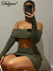 JazzHer 2024 Solid Matching Suit Ribbed Off Shoulder Long Sleeve Camisole Top Mini Skirt Bodycon Y2K Neck Ornaments Sexy