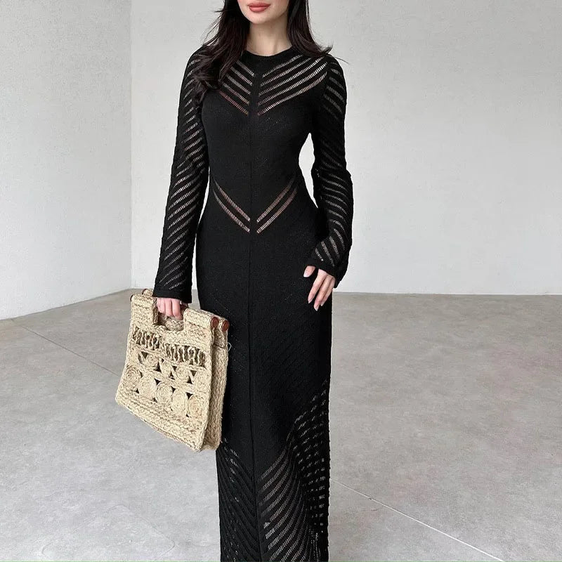 TRAUXY Elegant O Neck Knitted Hollow Out Long Dress Female High Waist Bodycon Dress Fashion Party Dress Full Sleeve Solid Color