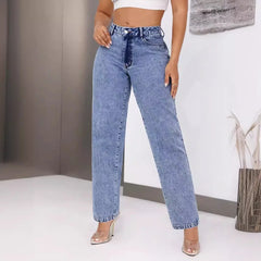 JazzHer Solid Women Jeans Straight High Waist Ankle Length Pants Denim Vintage Washed Jean Loose Fit Pockets Autumn 2024 Zipper Fly