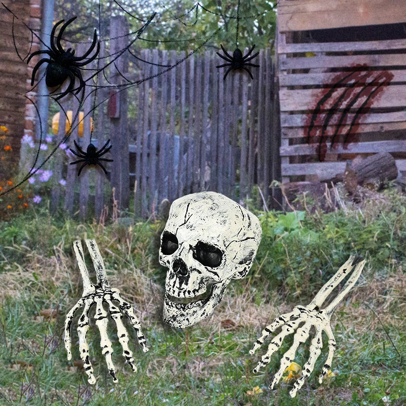 JazzHer Halloween Realistic Skull Skeleton Head Human Hand Arms for Halloween Party Home Garden Lawn Decor Haunted House Horror Props