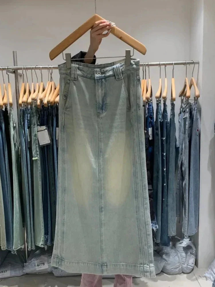 JazzHer-Old Washing Long Denim Skirt Women Vintage Streetwear High Waist Split Korean Fashion Maxi Jean Skirt Spring Casual