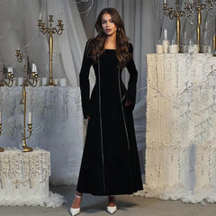 JazzHer Party Dress Women 2024 Autumn Vestidos Flare Sleeve Square Collar Lace Up Tight Waist Long Dresses Elegant Temperament A Line