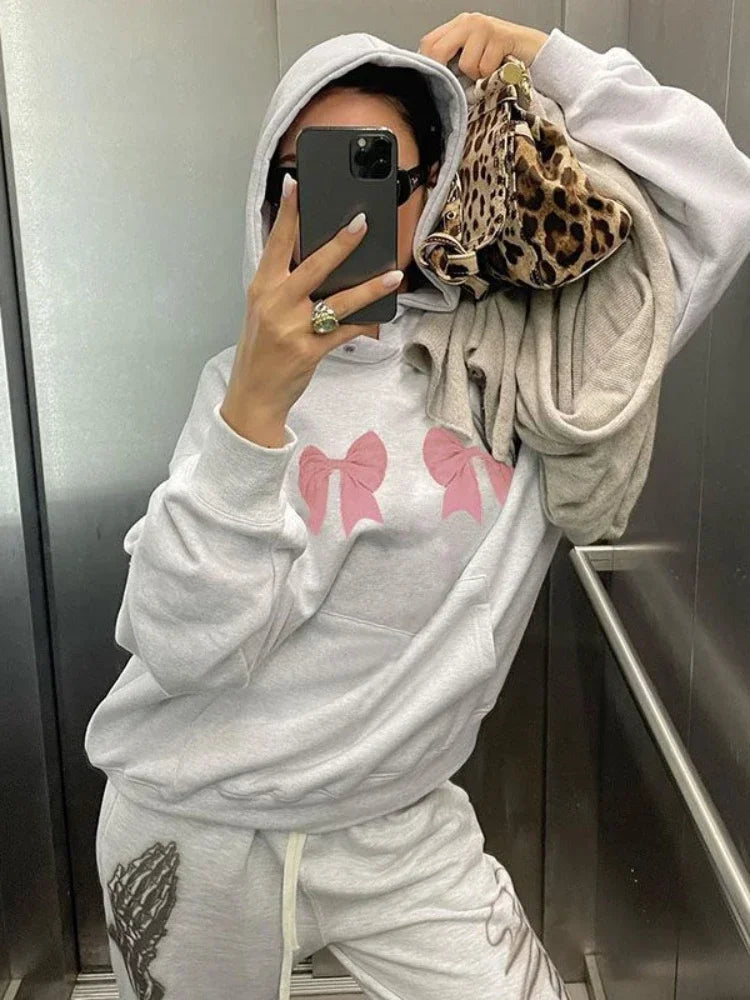 JazzHer- Kawaii Bow Print Hoodies Women Y2k Long Sleeve Sweatshirt Oversized Sweet Girl Causal Loose Autumn Winter Clothes Ins