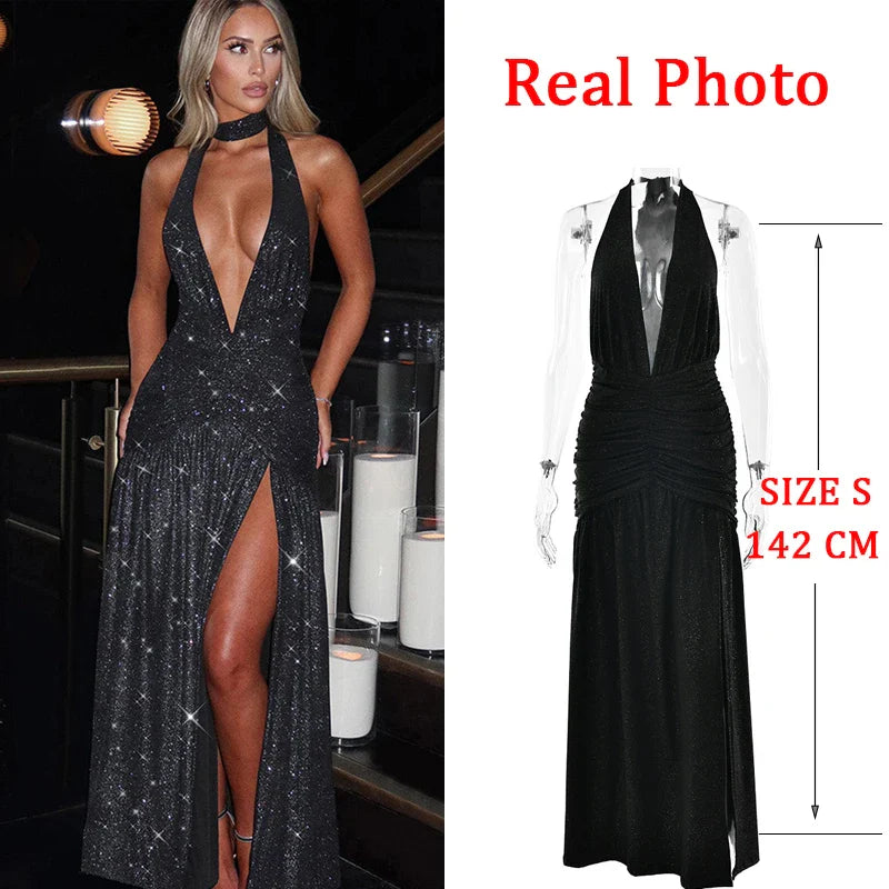 JazzHer Glitter Pleated Evening Club Party Dress Women Robes Backless Elegant Sexy Dress Bodycon Long Summer Dress Vestidos