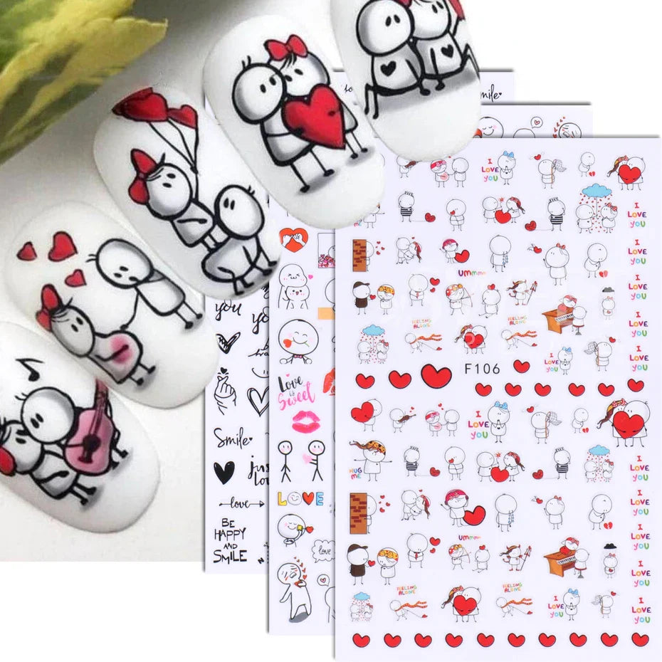 JazzHer Black English Letter Love 3D Nail Art Stickers New Valentine's Day Decals Nail Supplies Red Lips Line Stickers For Nails Slider