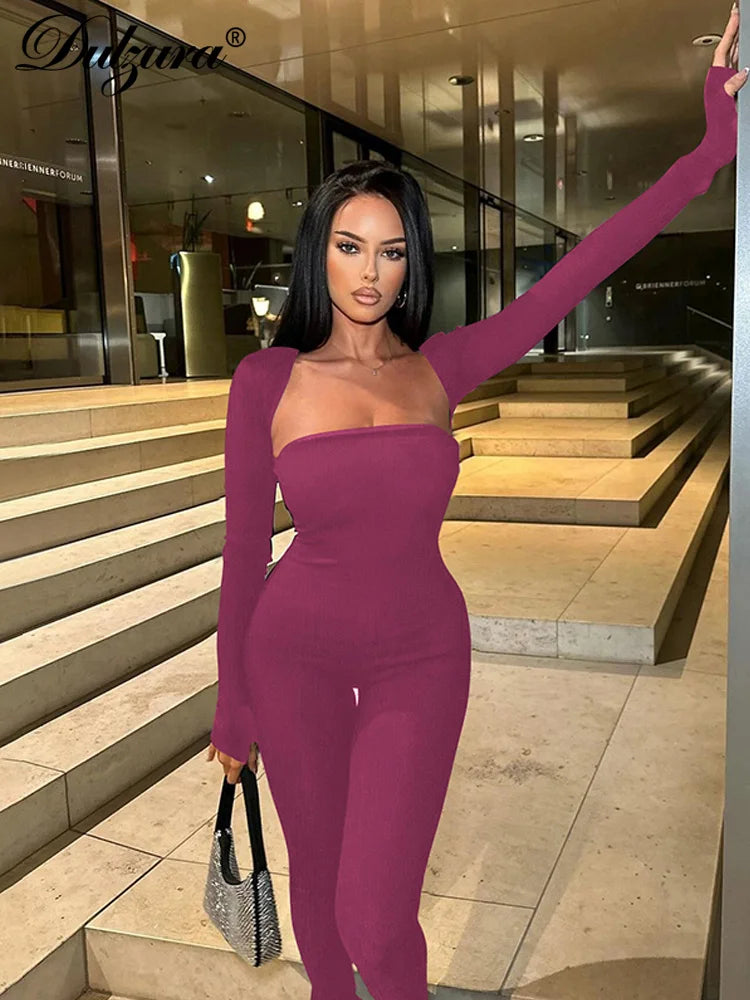 JazzHer Matching Suit Ribbed Crop Top Off Shoulder Jumpsuit Sexy Solid Pure 2024 Autumn Winter Women Outfit Clubwear Co Ords Set