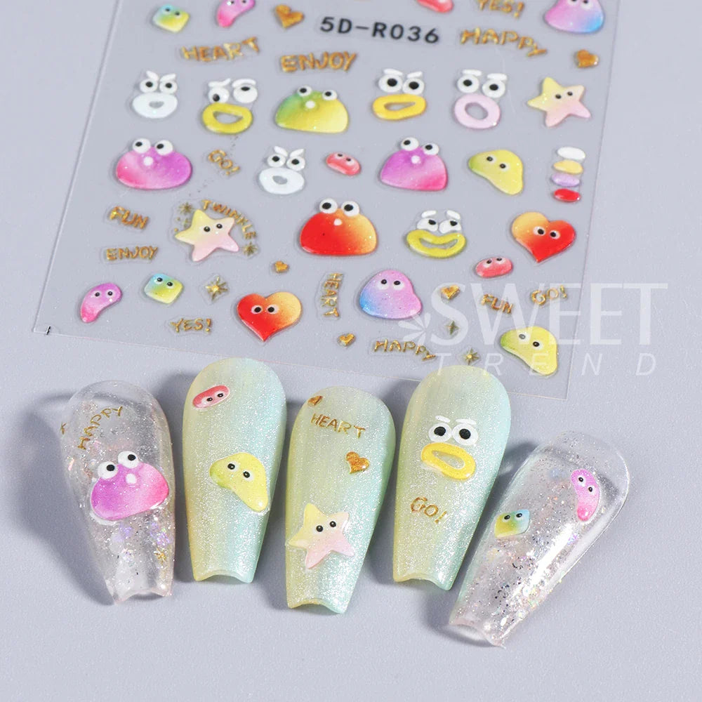 JazzHer 5D Eye Nail Embossed Stickers Blooming Fireworks Jelly Sweet Cartoon Candy  Kawaii Mouth Monster Design New Year Manicure Decal