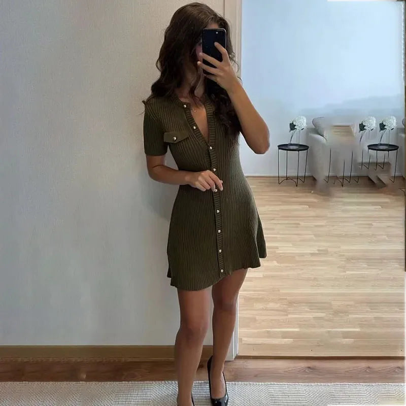 JazzHer Metal Button Knitted Short Sleeve Dress Women's Retro Elegant Mini Sweater Dresses Solid Color Club Party Vestido Female