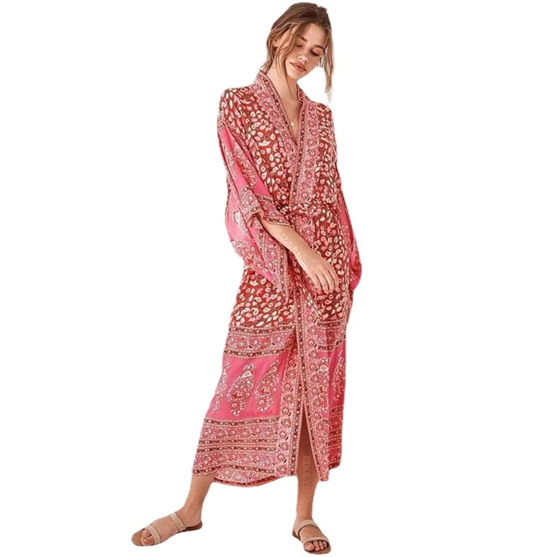 JazzHer Bohemian Tropical Printed Reddish Orange Ankle Length Beach Wear Kimono Dress Fashion Women Swimwear Chiffon Tunic Pareos Q590