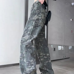 JazzHer Women Camouflage Jeans Loose High Waist Vintage Cargo Wide Leg Pants Denims Full Length Streetwear Female Denim Trousers