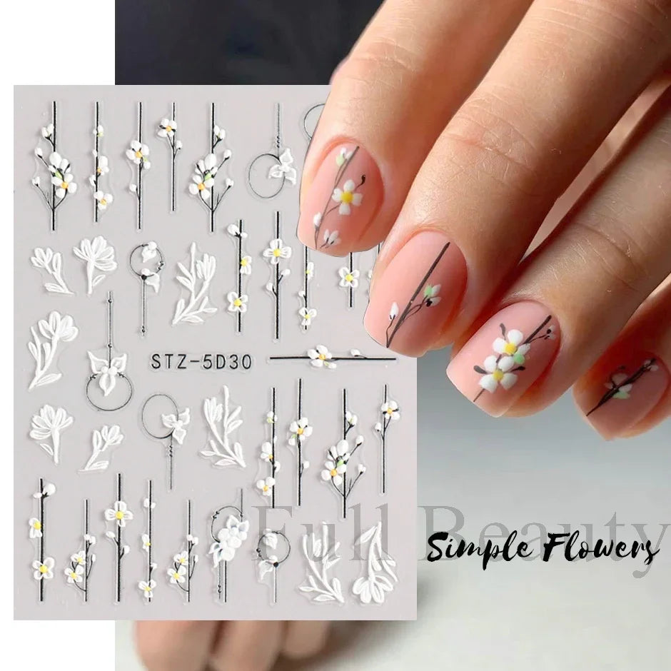 JazzHer 5D Simple Flowers Nail Embossed Stickers Elegrant Wedding Design Adhesive Sliders Summer Textured Engraved Decoration LYSTZ5D-30