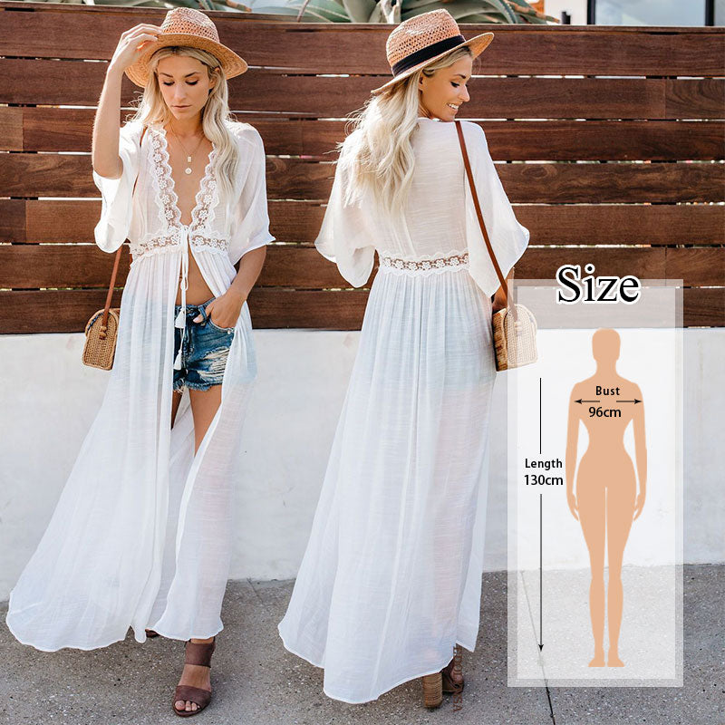 JazzHer Elegant Women Tunic Summer Fashion Long Beach Dress Sexy Patchwork Short Sleeve Front Open White Robe Dress Pareos Q561