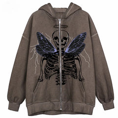 JazzHer Y2K Aesthetic Zip Up Sweatshirts E-girl Gothic Grunge Emo Skeletons Wings Print Oversized Hoodies Autumn Long Sleeve Coat Top