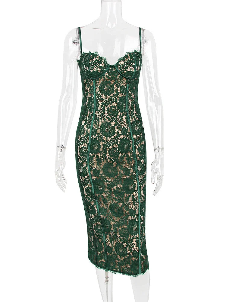 JazzHer Spaghetti Strap Lace Sexy Midi Dress For Women Gown  Green Sleeveless Backless Club Party Printed Long Dress Vestidos