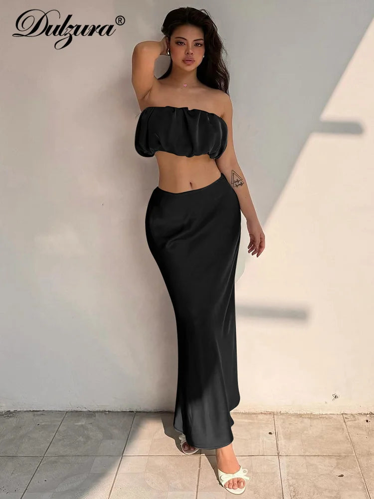 JazzHer Sexy Matching Suit Strapless Tube Tops Midi Dress Sets Solid Women Clothes Summer Party Club Streetwear Wholesale Y2K