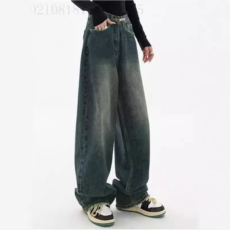 JazzHer Jeans Full Length Denim Pants Women Wide Leg Jean High Waist Zipper Fly Washed Loose Pockets Vintage 2024 Casual Basics