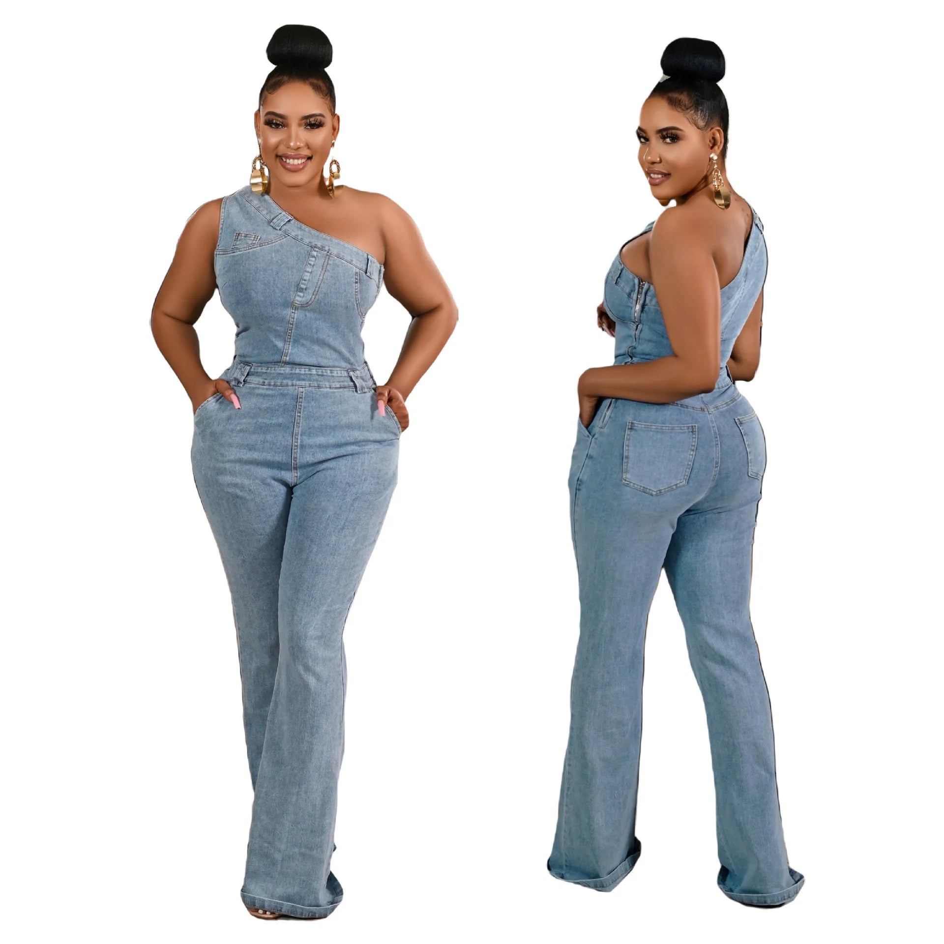 JazzHer Flare Denim Pants Full Length Women Jeans One Piece Overalls Spliced Solid Jumpsuits Loose Pockets High Waist Basics Washed