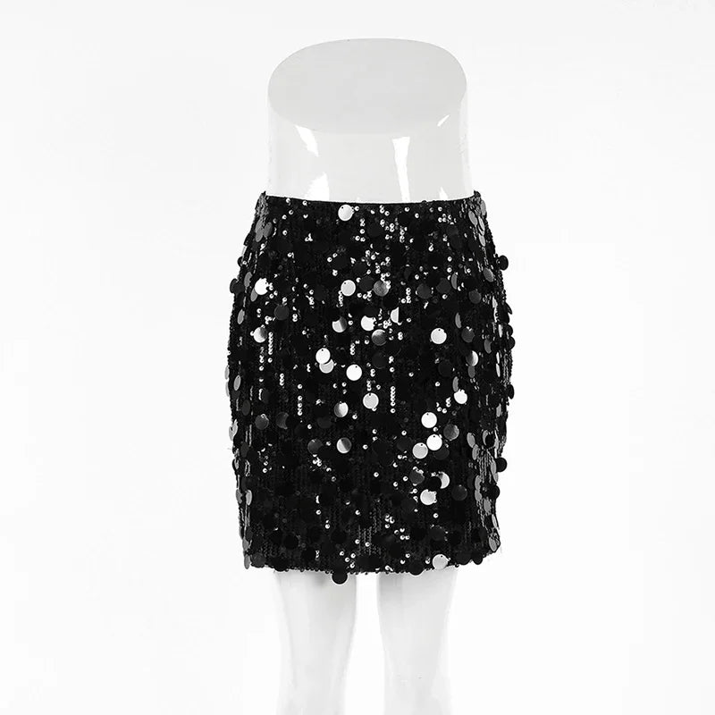 Black Friday JazzHer Fashion High Waisted Sequins Skirt For Women Sexy Hip Wrap Mini Skirts Solid Color Splice Glitter Skirt Female Streetwear