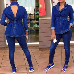 JazzHer Casual Denim Jeans 2 Piece Set Suit Women Denim Two Pieces Set V-Neck Long Sleeve Jeans Top&Long Pants Slim Tracksuit Outfits