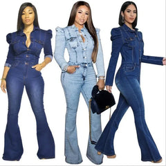 JazzHer Sexy Women Skinny Jumpsuit Winter Slim Full Sleeve Denim Flare Jeans Rompers Sexy Night Club Party One Piece Bandage Outfits