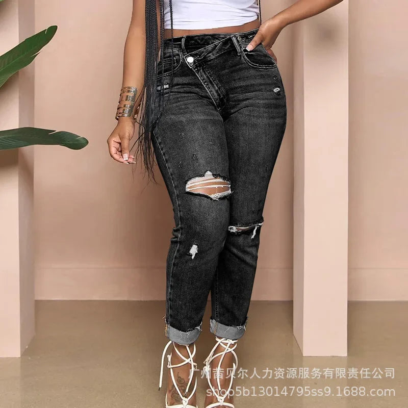 JazzHer 2024 Casual Women Wear Personality Multi Pocket High Waisted Trousers Ripped Diagonal Buckle Stretch Vintage Jeans Female