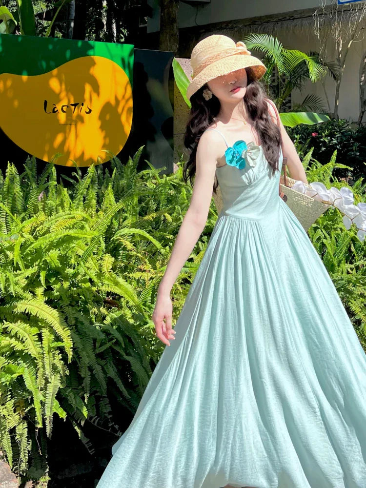 JazzHer-Summer Beach Chiffon French Elegant Dress Boho Outwear Sleeveless Midi Dress Party One Piece Dress Korean Fashion Design