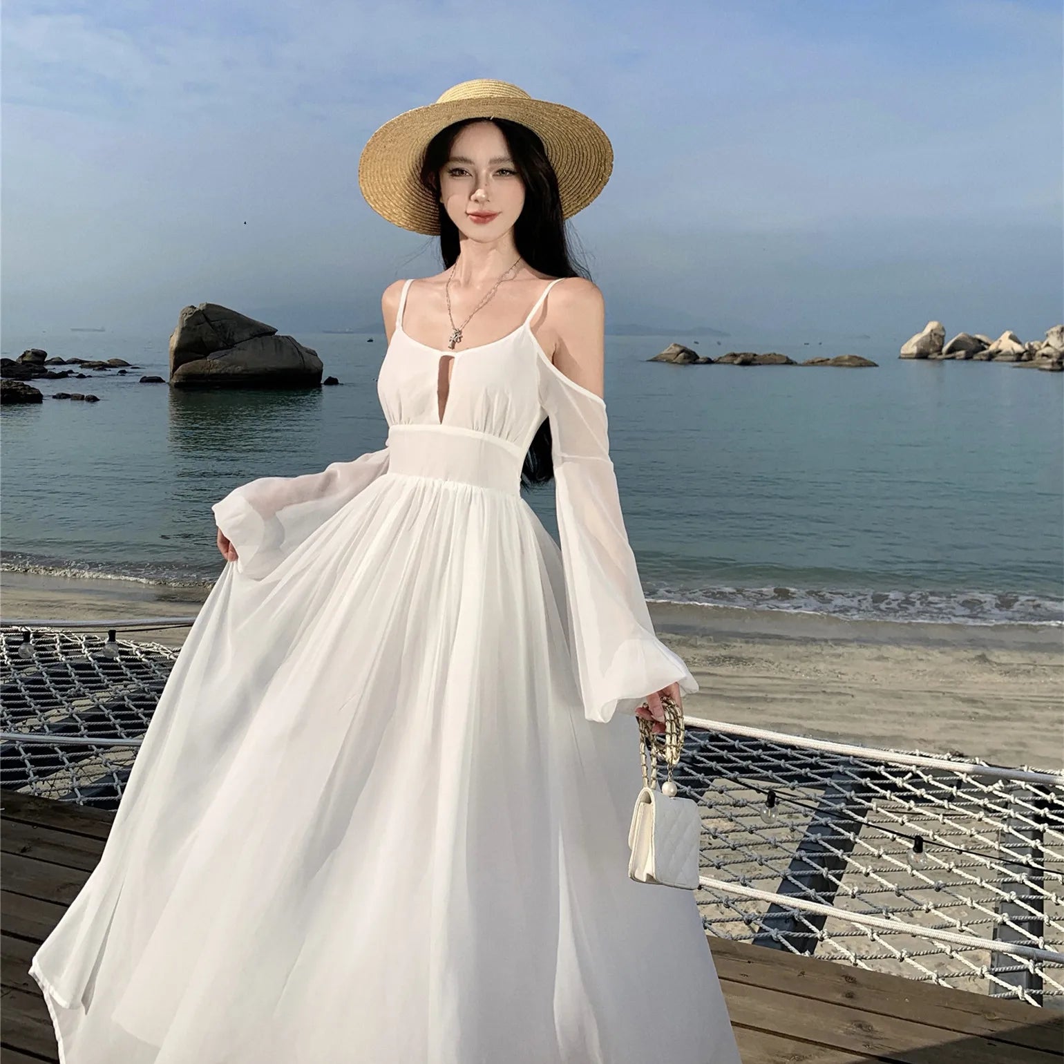 JazzHer Elegant White Holiday Beach Midi Dresses for Women Summer New Boho Fashion Long Sleeve Backless Chiffon Casual Female Clothing