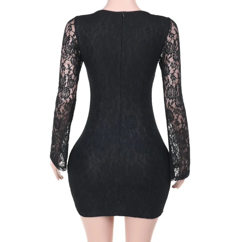 JazzHer Lace Print Evening Party Dress Women 2025 Long Sleeve Hollow Out Elegant Sexy Dress Bodycon Mini Autumn Dress Vestidos