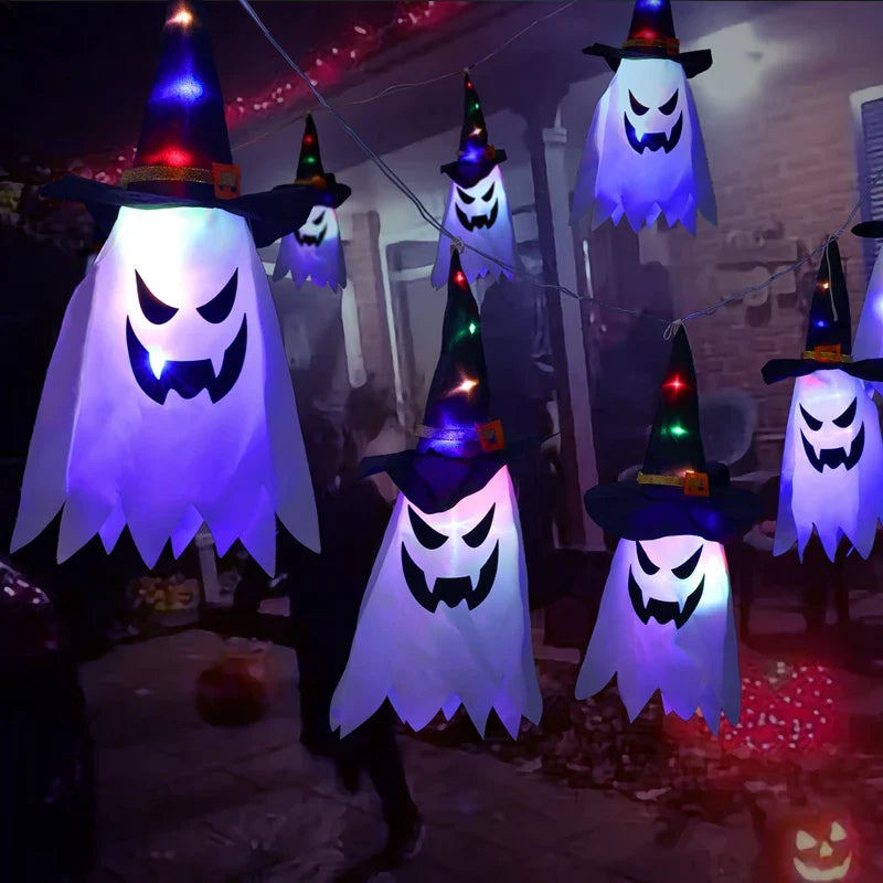 JazzHer Halloween LED Flashing Light Hanging Ghost Halloween Party Dress Up Glowing Wizard Hat Lamp Horror Props Home Bar Decoration