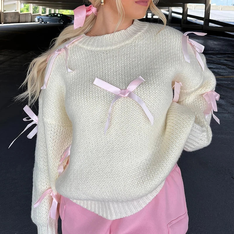 JazzHer Vintage Y2K Cottage Knitwear Tops Streetwear Pink Ribbon Bowknot Knitted Sweater Women Girl Autumn Winter Long Sleeve Pullovers