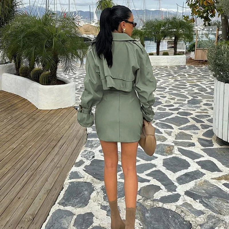 JazzHer Short Jacket Skirt Two-Piece Set For Women Retro Button Slim Splice Mini Skirt Female Autumn Streetwear Matching Sets