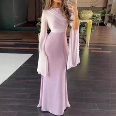 JazzHer Dress Women Long Dresses A Line Round Neck Full Sleeve Maxi Tight High Waist Slim Fit Sexy Temperament Elegant Splice Vestidos