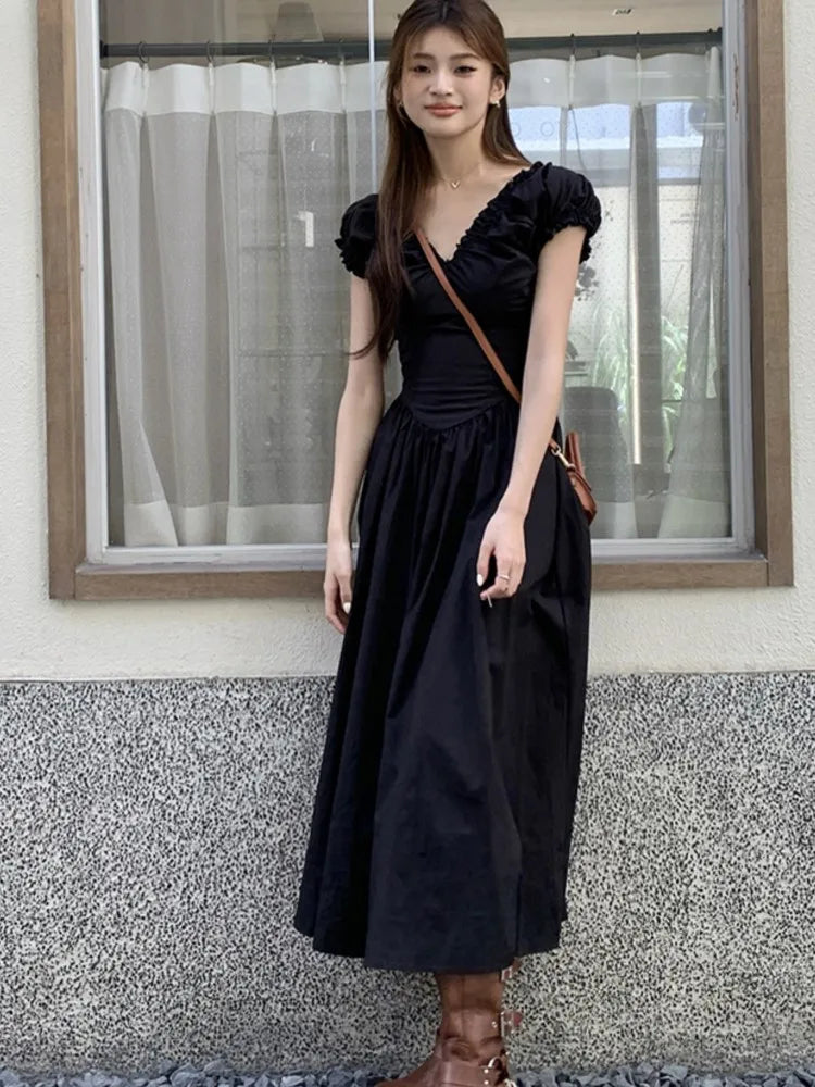 JazzHer Casual Solid Midi Dresses for Women Korean Chic V-neck Backless High Waist Puff Sleeve A-line Party Dress Summer Vestidos Mujer