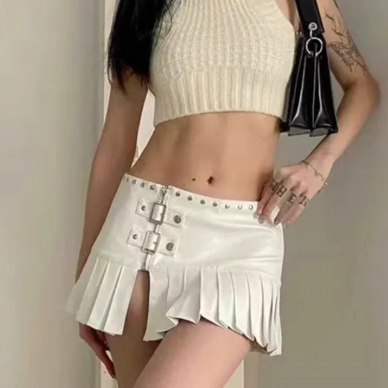 JazzHer-Punk Leather Skirt Women Y2k Streetwear Low Waist A-line Split Rivet Zipper Sexy Pleated Mini Skirt Summer Night Club