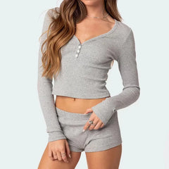 JazzHer Solid Color Ribbed V-Neck Long Sleeve Crop Tops T-shirt and Shorts Sleepwear Outfits Women Pajamas Set 2 Pieces Loungewear Suits